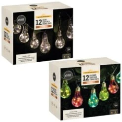 Solar Powered 12 Coloured Light Bulb String LED Lights - Warm White -EcoPatio Shop 379260 379261 12 solar powered light bulb string lights group