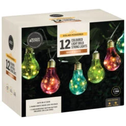 Solar Powered 12 Coloured Light Bulb String LED Lights - Warm White -EcoPatio Shop 379261 12 solar powered coloured light bulb string lights 2