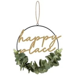 B&M Botanical Garden Hanging Hoop With Slogan -EcoPatio Shop 379615 botanical garden metal hoop with gold wording and leaves happy place