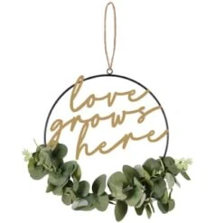B&M Botanical Garden Hanging Hoop With Slogan -EcoPatio Shop 379615 botanical garden metal hoop with gold wording and leaves love grows here