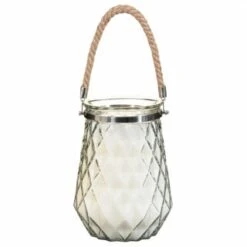 B&M Large Faceted Glass Candle With Rope Handle - Cream -EcoPatio Shop 392940 superbloom large faceted glass candle with rope handle cream